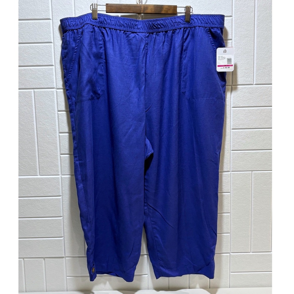 Emily Daniels Royal Blue Linen Capris Sz 3X Pull-On Crop Womens Beachy Pants NWT